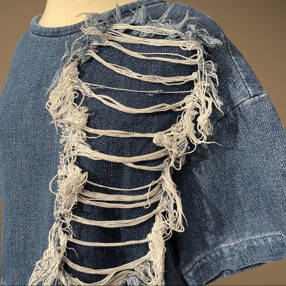 Ksenia Schnaider Denim Pull Over Top with Distressed Embellishment Size Medium - Picture 2 of 4